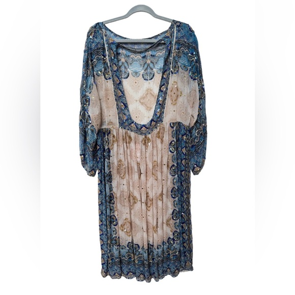 Free People One Day Dress Special Edition Blue Tan Chiffon Sz XS - Picture 6 of 9